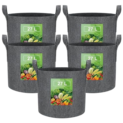 VIEWALL 27 L Pflanzsack aus Stoff,Kartoffelsack mit Griff, Wiederverwendbare Pflanztasche für Den Anbau von Kartoffeln, Tomaten,Gemüse,Blumen,Verdickter und Belüfteter Gartentopf, 5 Stück,Grau