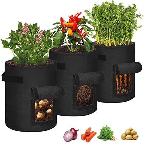 YRHome 3 Stück Pflanztasche Kartoffeln Pflanzen Tasche 10 Gallonen Pflanzsack Kartoffelsack Pflanzbeutel Vliesstoff Tomaten Pflanztopf mit Klettfenster Griffen für Blumen Kartoffeln Pflanzen Schwarz