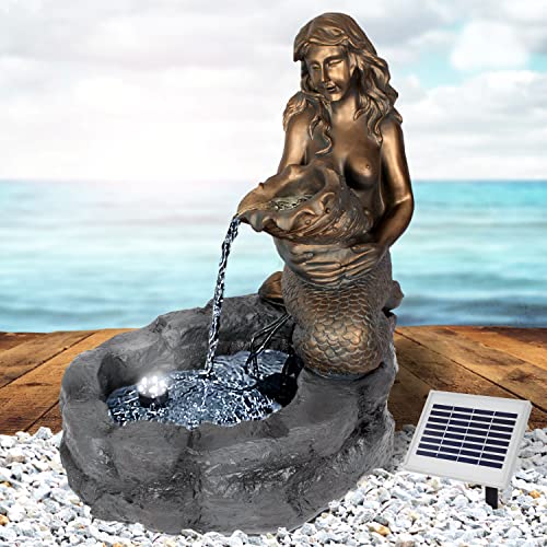 Solar Gartenbrunnen Brunnen Solarbrunnen MEERJUNGFRAU am TEICH Zierbrunnen Wasserfall Gartenleuchte Teichpumpe für Terrasse, Balkon, Modell mit Pumpen-instant-start-funktion mit Liion-Akku & Led-Licht