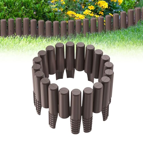 XMTECH Rasenkante Holzoptik 8,4m Garten Beetumrandung Beeteinfassung Mähkante Palisade aus Kunststoff, Gartenpalisade Gartenzaun, Braun, 1 Element (L x H): 28 x 24,5 cm, 30 Stück