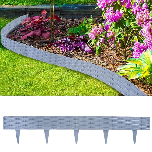 Aufun 20m Rattan Rasenkante Beeteinfassung Kunststoff mit 20 Elemente á 100 cm, Rattan-Optik Design Beetumrandung Biegbarer Mähkante Beetbegrenzung Flexible für Garten (Grau)